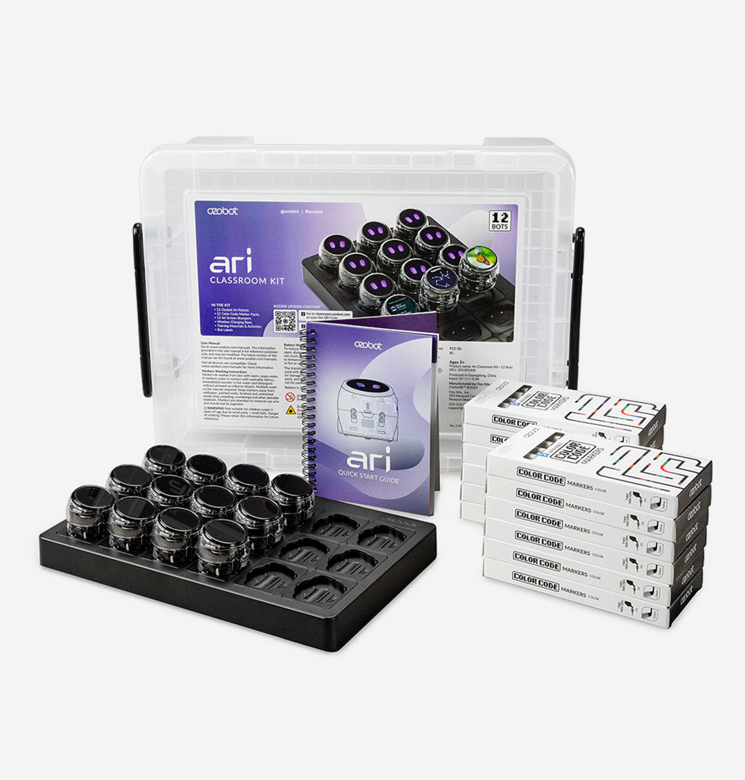 Ozobot Ari Classroom Kit components including robots, markers, and charging cradle.