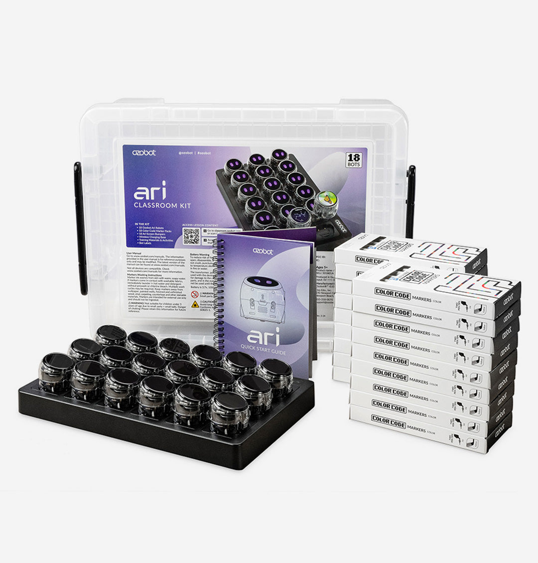 Ozobot Ari Classroom Kit contents spread out
