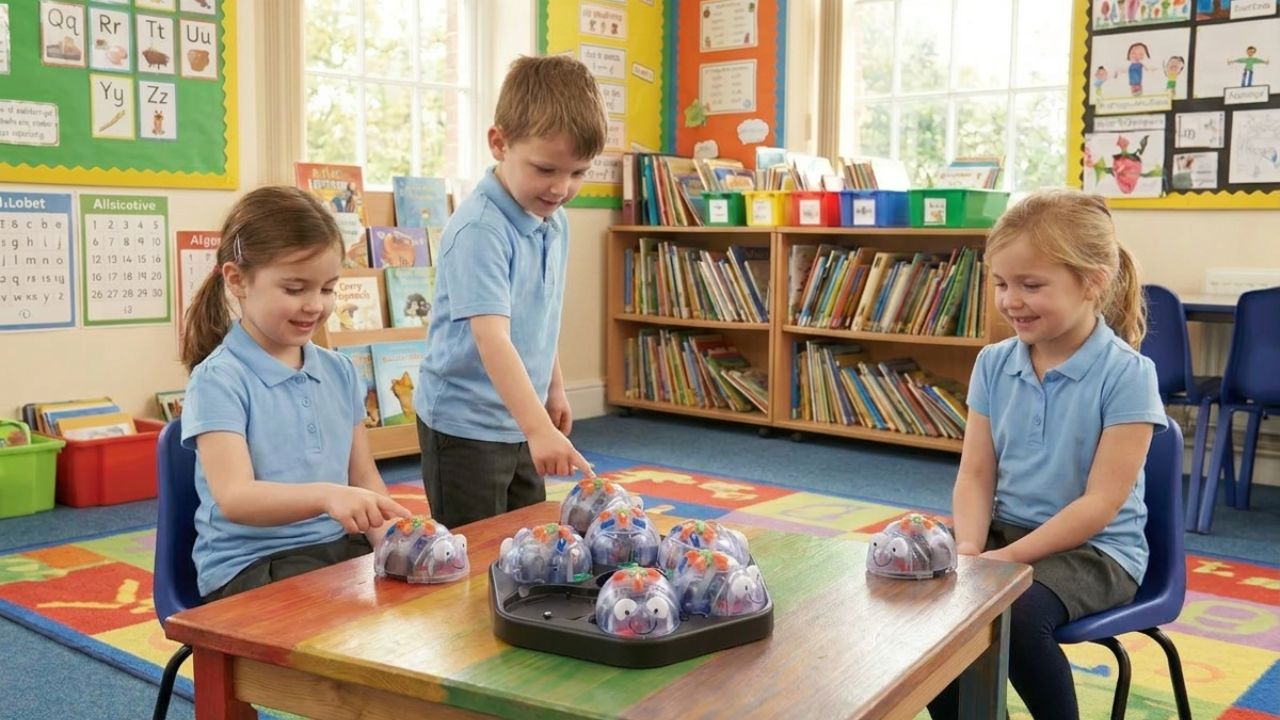 A primary school student programming a Blue-Bot