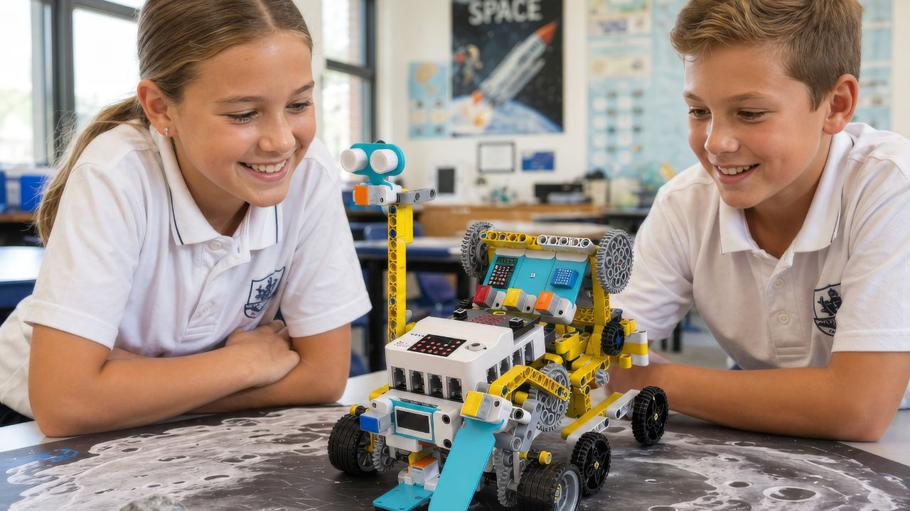 Primary students engaged in hands-on coding and space science exploration using the micro:bit Space Science Kit in the classroom.