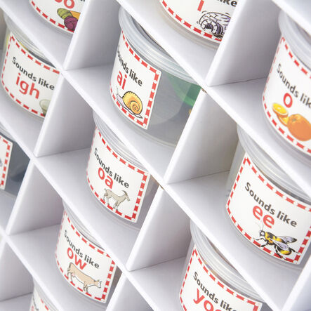 Stack of 44 Sound and Spelling Phonics Tubs ready for learning