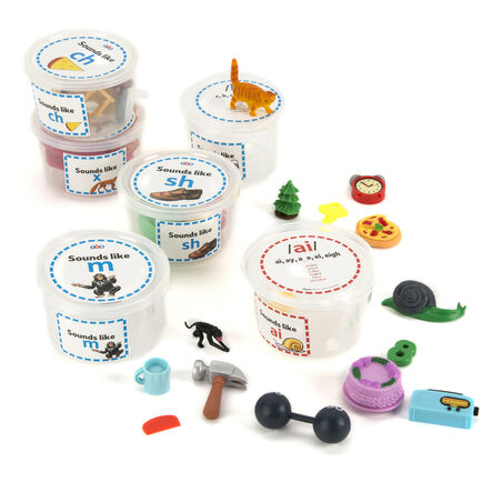 Close-up of assorted Phonics Tubs with visual items