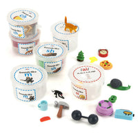 Close-up of assorted Phonics Tubs with visual items