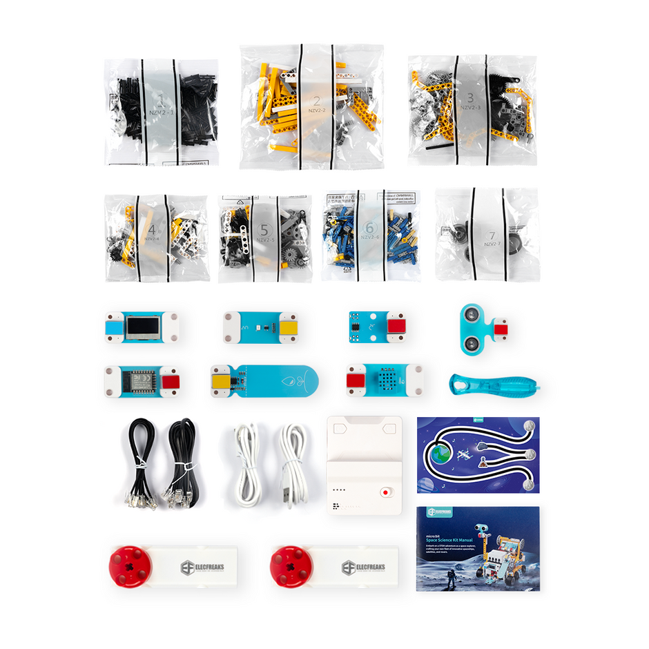 ELECFREAKS micro:bit Space Science Kit components laid out, showcasing the Nezha Breakout Board V2 and PlanetX Smart Motor