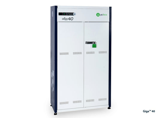 External view of Giga 40 Charging Cabinet displaying charging status lights