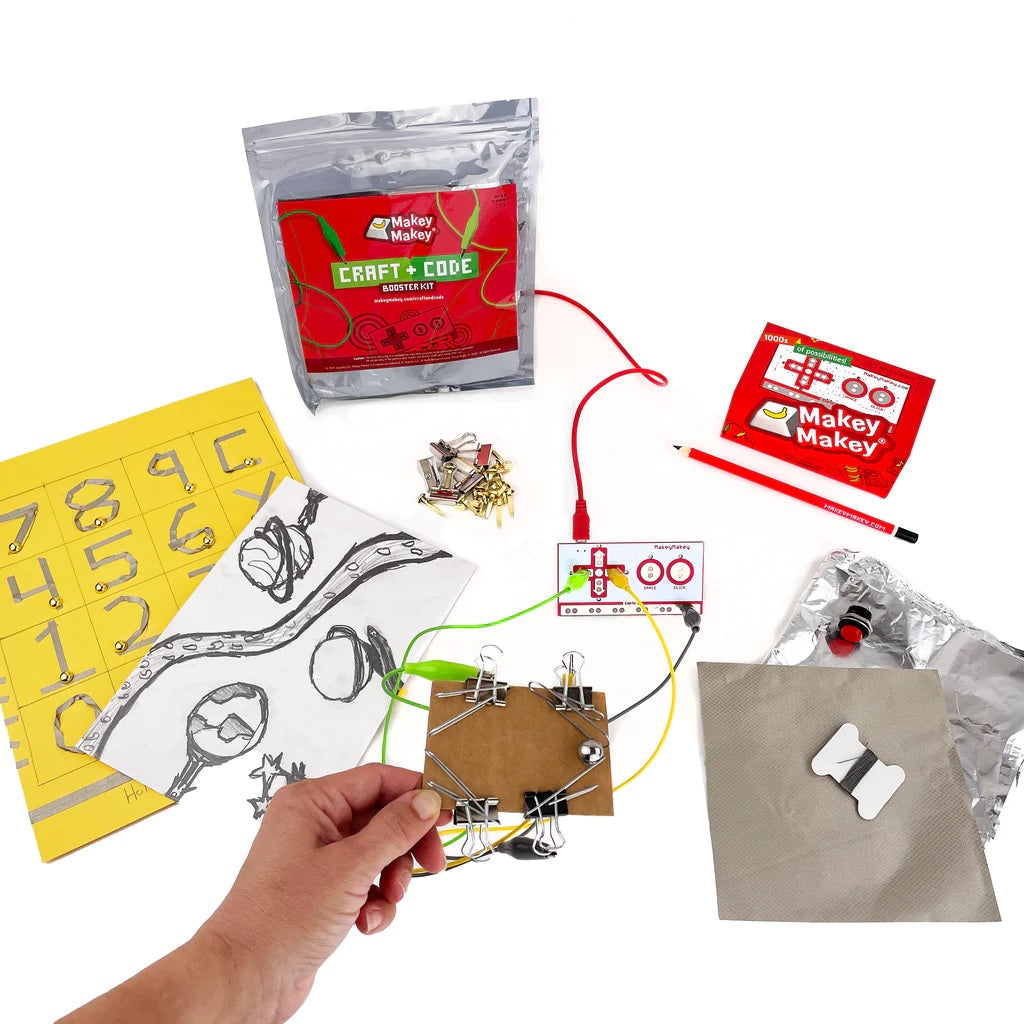 Close-up of the Makey Makey pencils and conductive thread from the Craft + Code Booster Kit