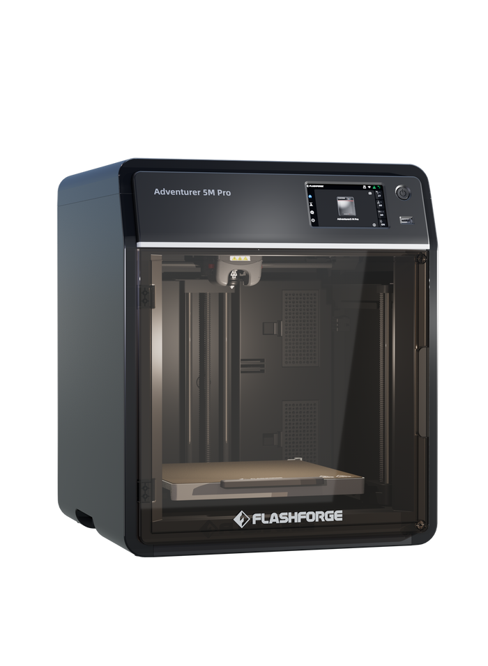 Flashforge Adventurer 5M PRO 3D Printer front view, showcasing its sleek, fully enclosed design.