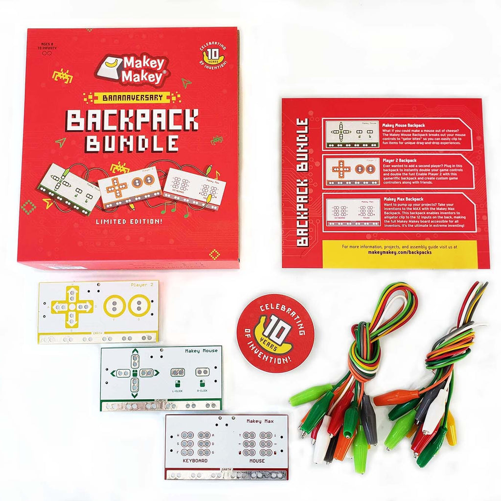 "Makey Makey Backpack Bundle Box and Contents" - Showcase of the full Makey Makey Backpack Bundle, including all boards and accessories.