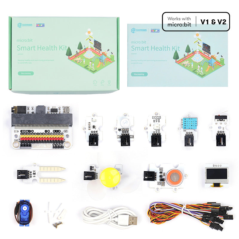 Elecfreaks Smart Health Kit components laid out on a table.