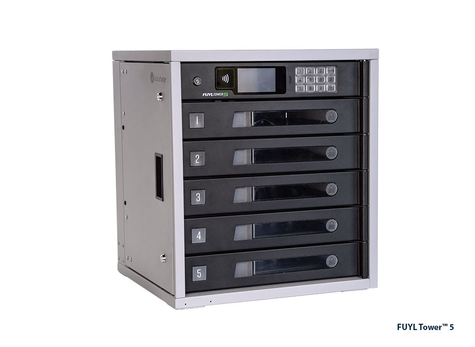 PC Locs FUYL 5 charging locker with a bay open showing the USB-C and AC power outlet