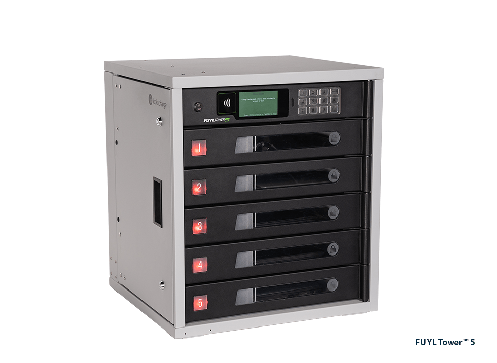 PC Locs FUYL 5 charging locker showing PIN and RFID access panel