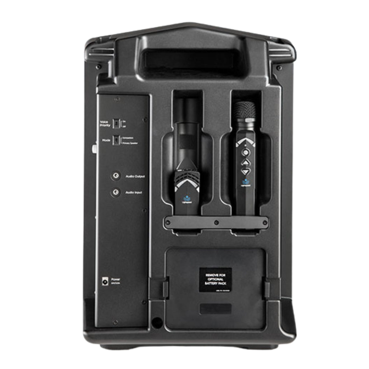 Lightspeed Mobile PA rear with wireless microphones in charging cradle
