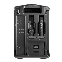 Lightspeed Mobile PA rear with wireless microphones in charging cradle