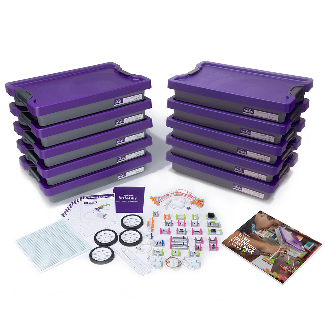 littleBits STEAM Education Class Pack with storage bins and components.