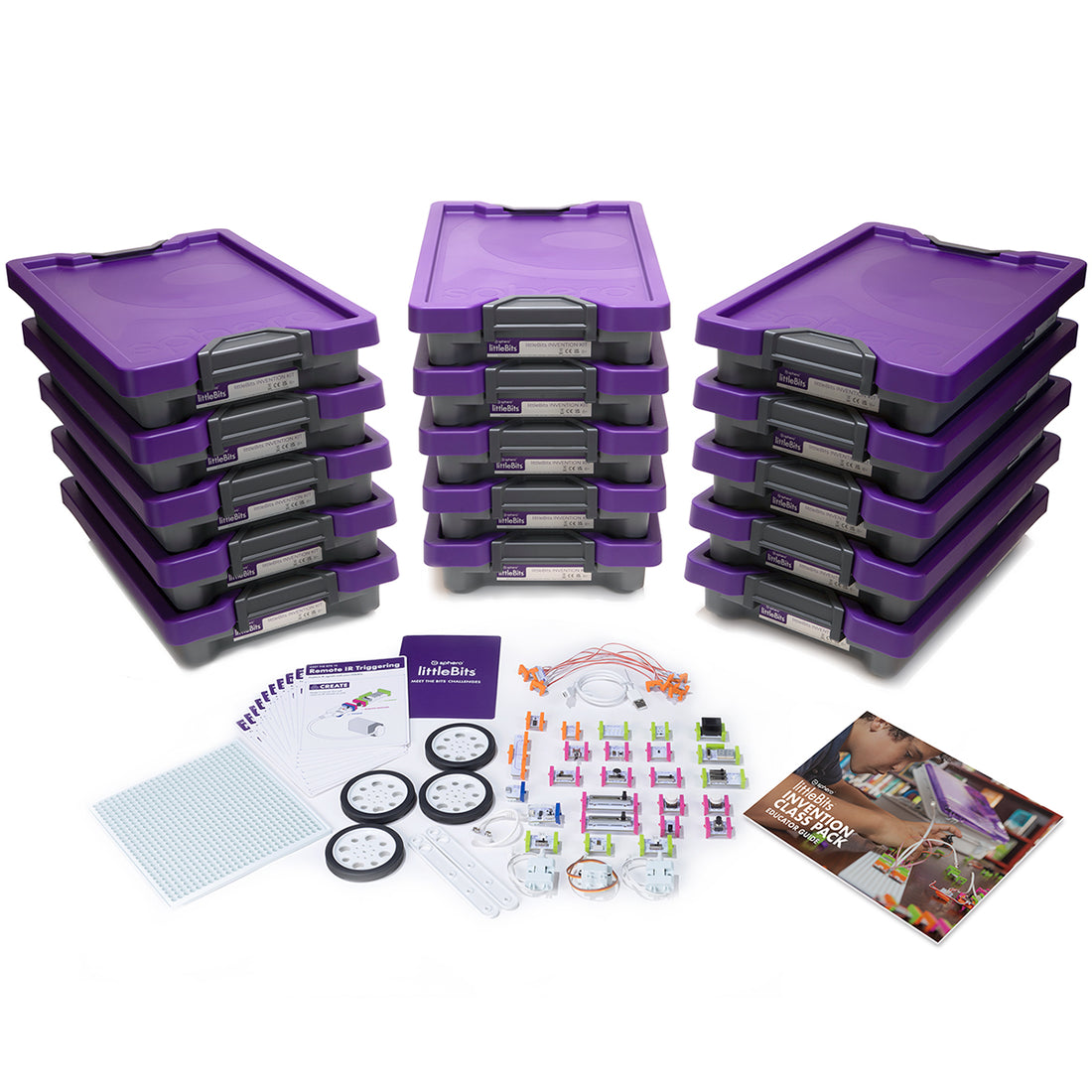 littleBits STEAM Education Class Pack with storage bins and components.