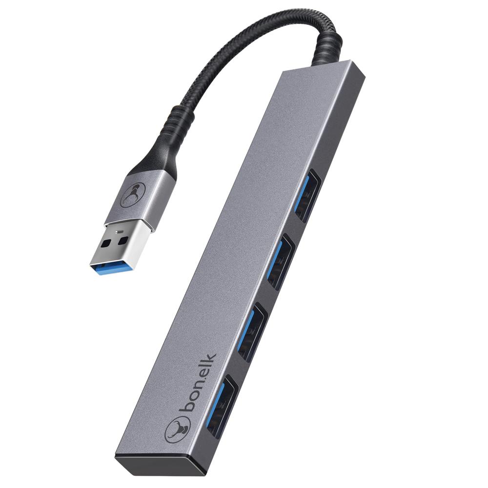 bonelk long-life usb-a to 4 port usb 3.0 slim hub (space grey)